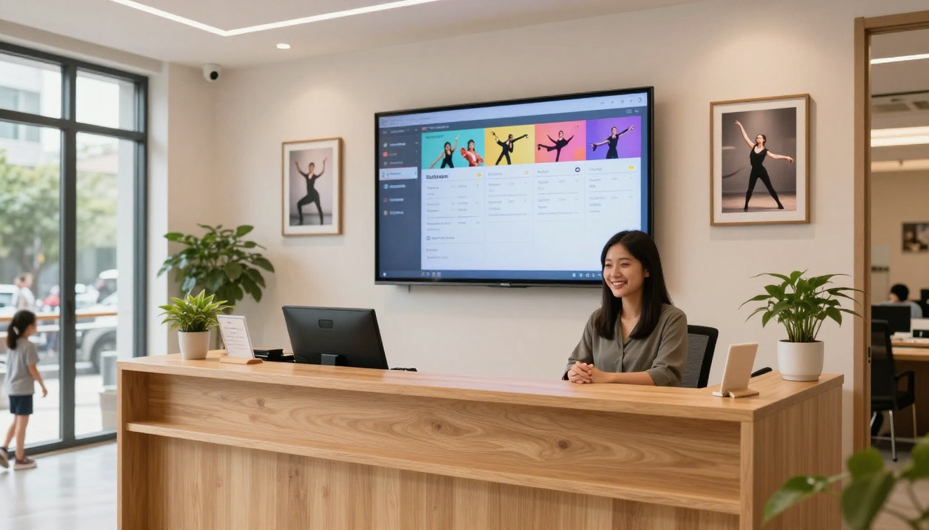 Welcoming dance studio reception area with digital flipbook display screen on the wall Welcoming dance studio reception area with digital flipbook display screen on the wall