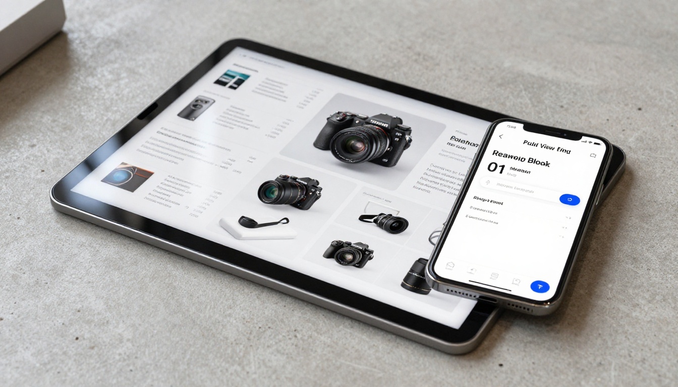 Digital product catalog flipbook on tablet alongside smartphone showing analytics data Digital product catalog flipbook on tablet alongside smartphone showing analytics data