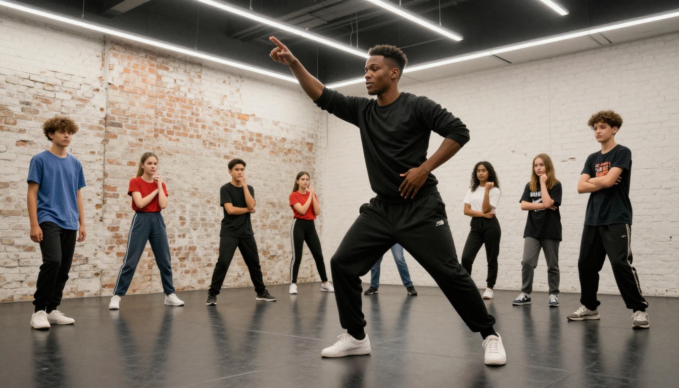 Hip-hop dance instructor demonstrating moves to a group of teenage students in a modern studio