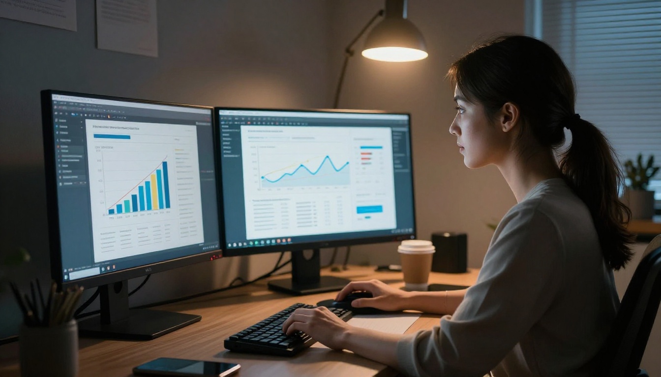 Digital marketing professional working at dual monitors reviewing flipbook analytics Digital marketing professional working at dual monitors reviewing flipbook analytics