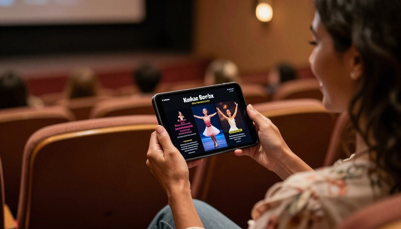 Mother sitting in theater auditorium viewing dance recital flipbook on smartphone