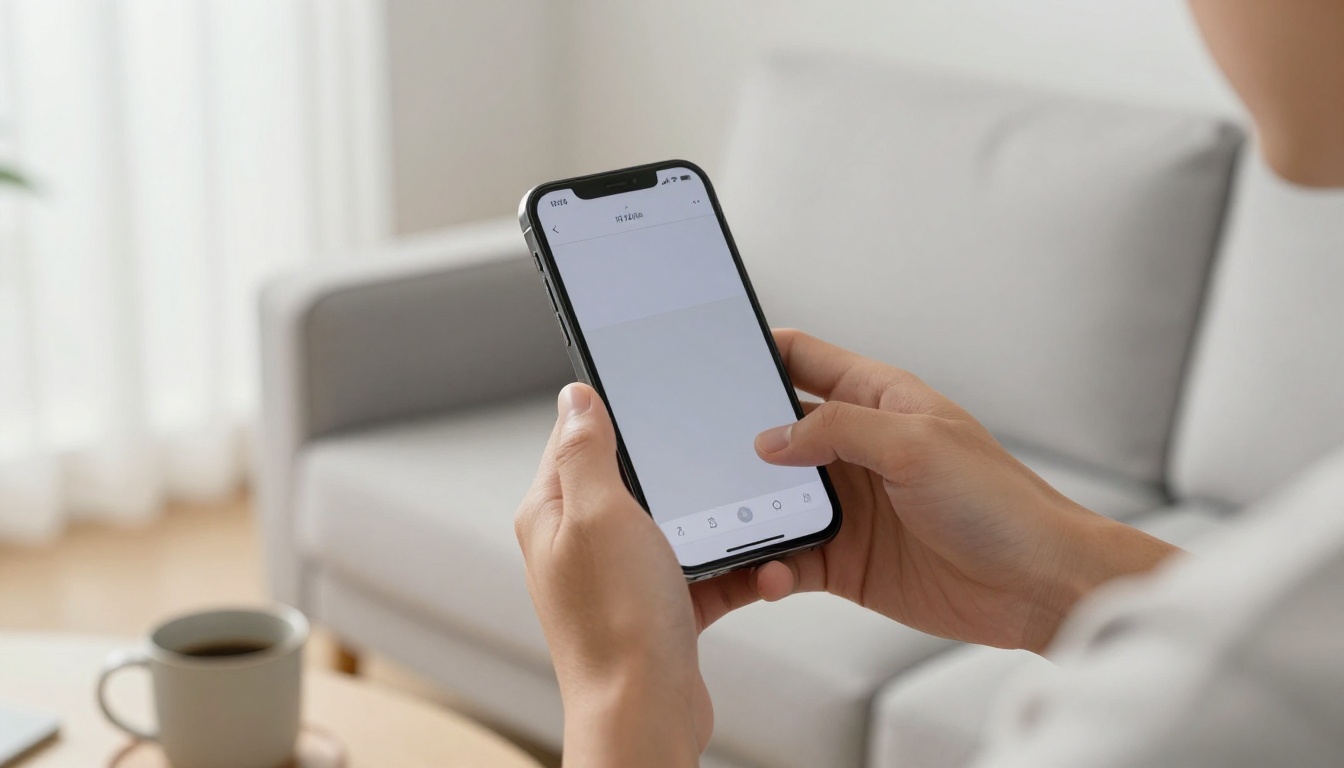 Person reading a flipbook on smartphone in minimalist bright living room Person reading a flipbook on smartphone in minimalist bright living room