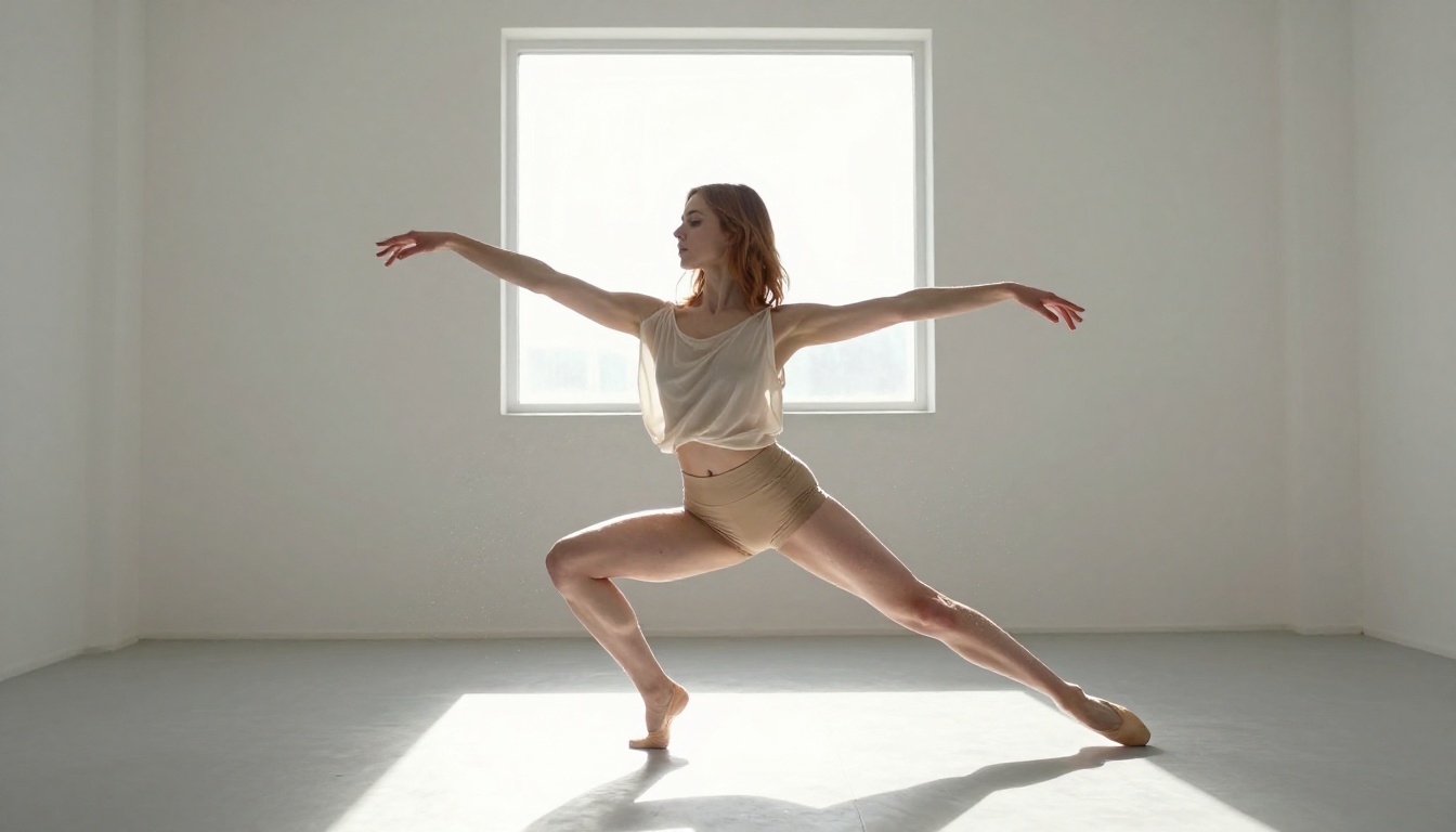 Contemporary female dancer holding dramatic arabesque pose in minimalist white studio with window light