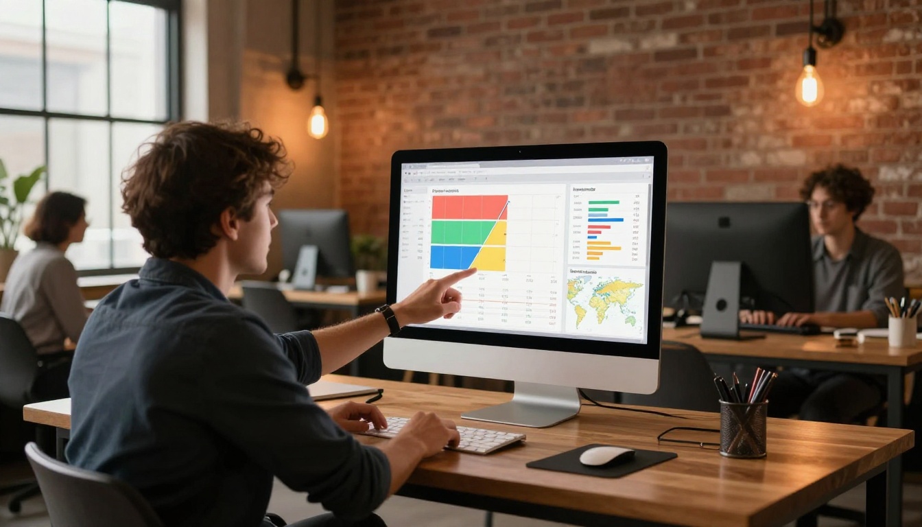 Creative agency team reviewing flipbook performance data together on large monitor Creative agency team reviewing flipbook performance data together on large monitor