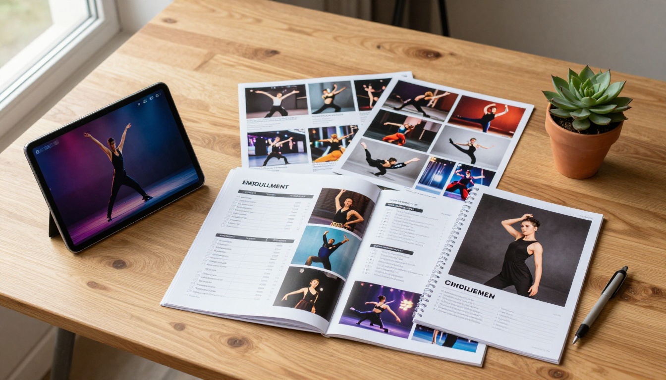 Overhead flat-lay of dance studio marketing materials including tablet showing digital flipbook