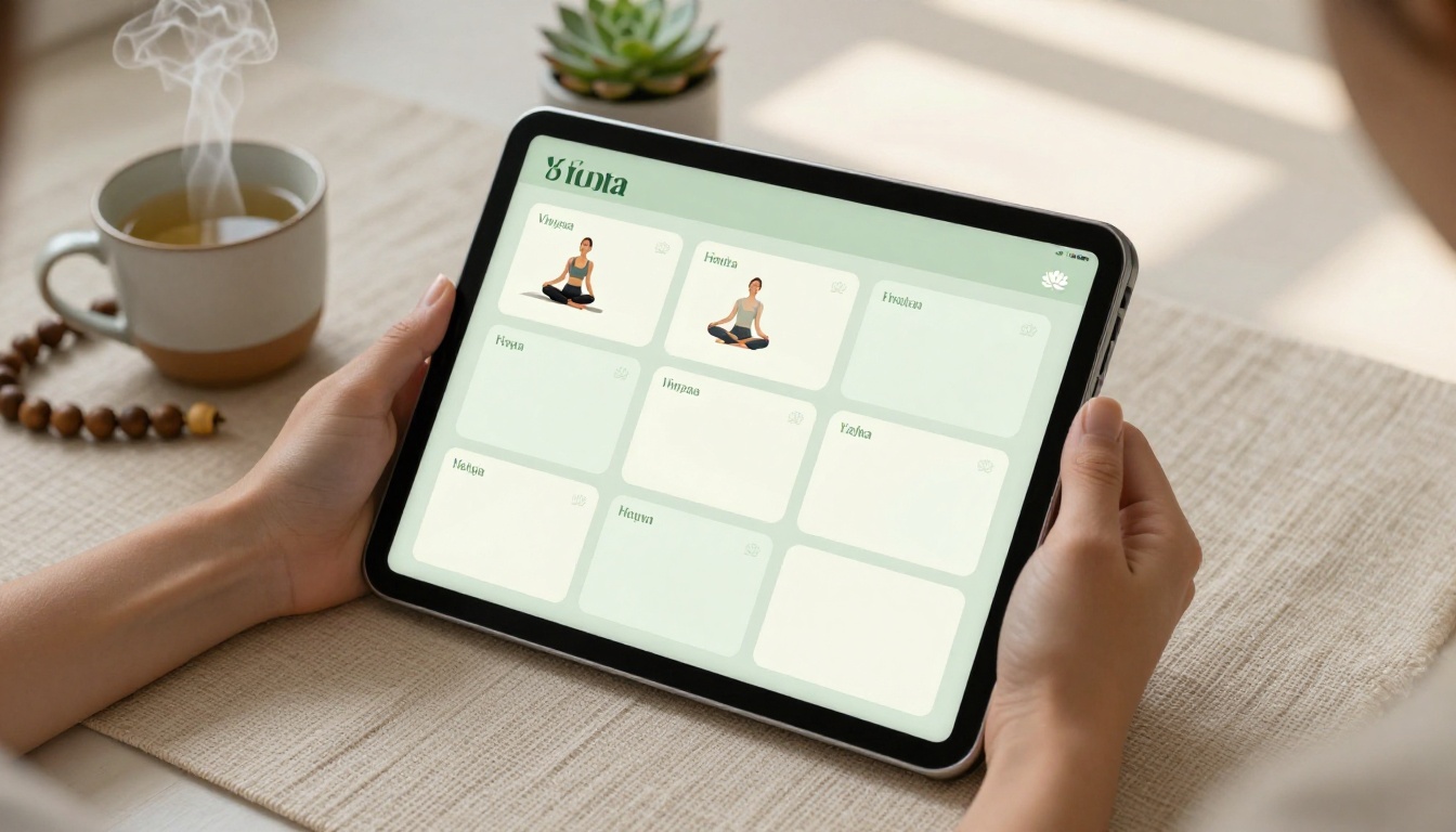 iPad showing yoga class schedule flipbook on linen mat with herbal tea