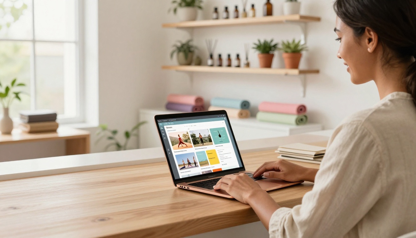 Yoga studio owner reviewing digital flipbook on laptop at the reception desk
