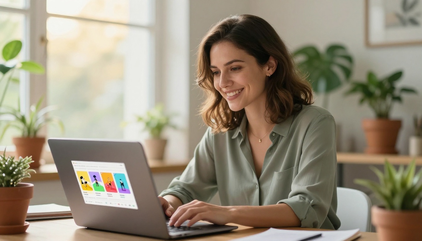 Woman smiling at laptop with flipbook interface