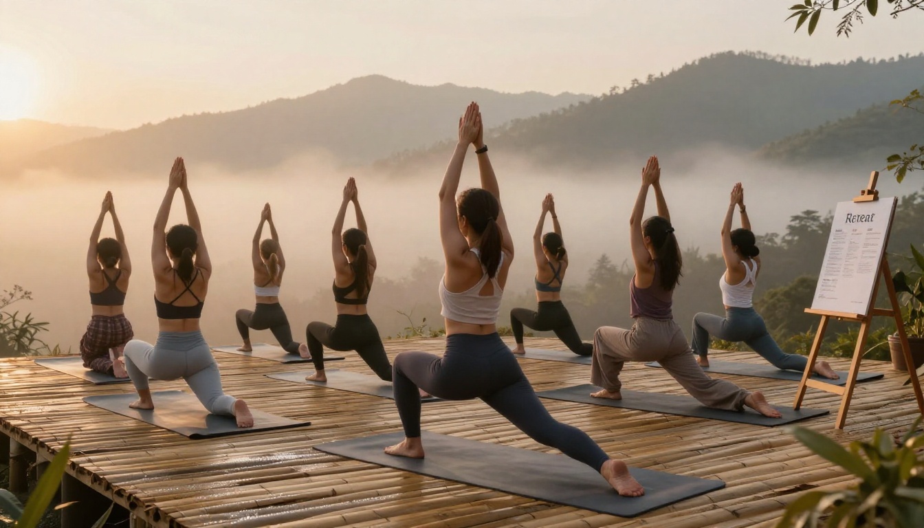 Small group of women practicing yoga at sunrise on bamboo deck overlooking mountain valley