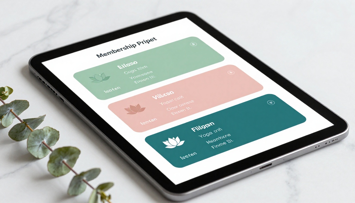 Digital membership pricing flipbook displayed on marble surface with eucalyptus