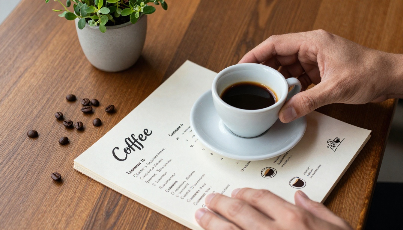 Barista arranging espresso and printed coffee shop menu on wooden table
