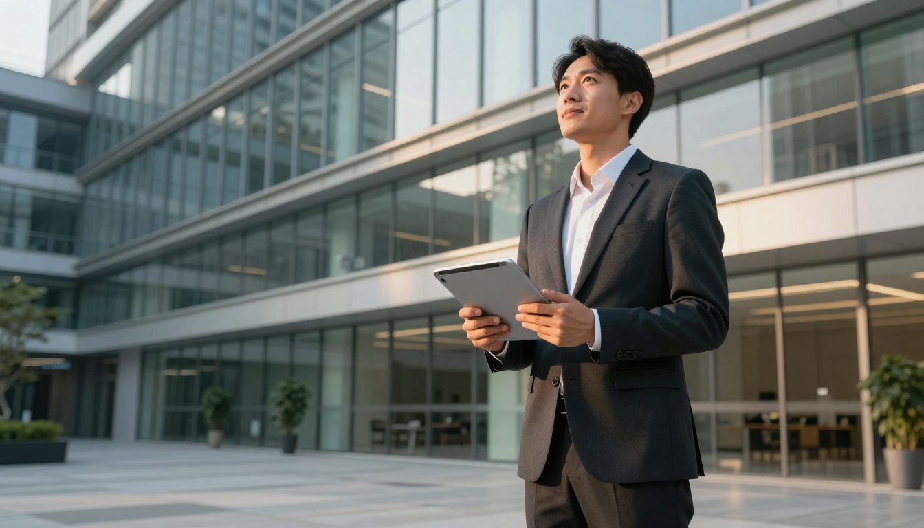 Business professional with tablet in lobby
