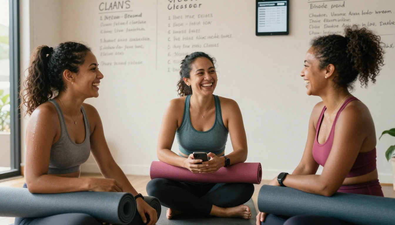 Three yoga students of different backgrounds laughing and connecting after class