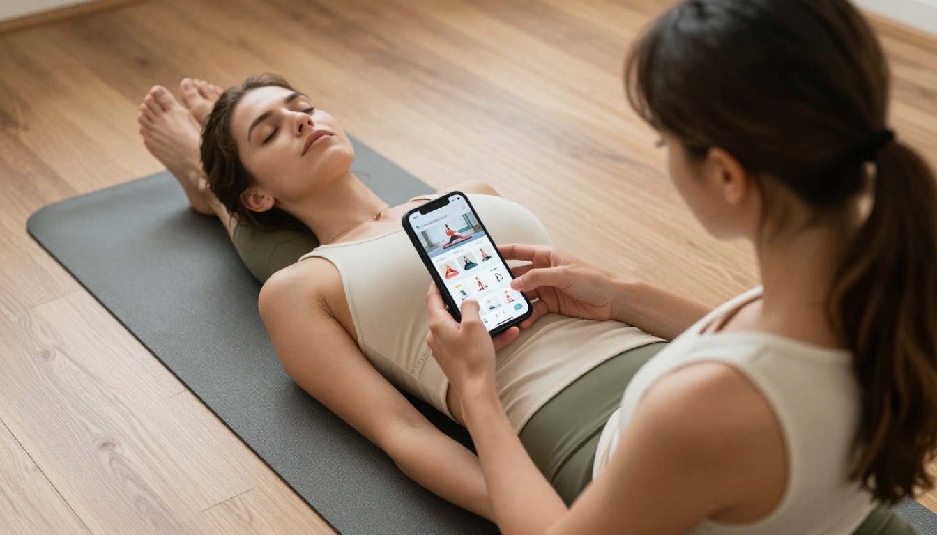 Woman lying on yoga mat browsing studio flipbook on smartphone in resting pose
