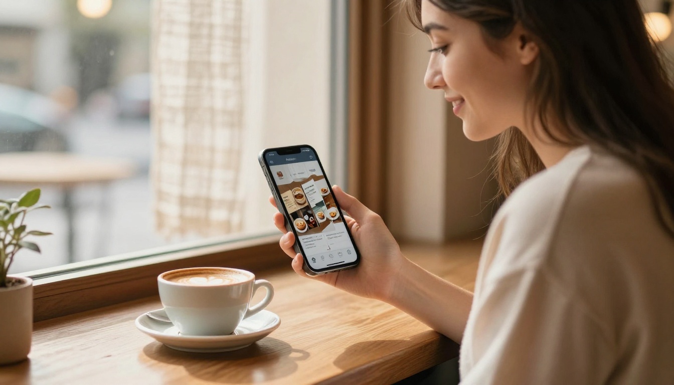 Customer browsing digital flipbook menu on smartphone at cafe window