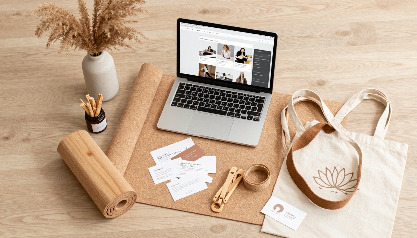 Yoga studio branding flat lay with laptop showing digital flipbook design interface