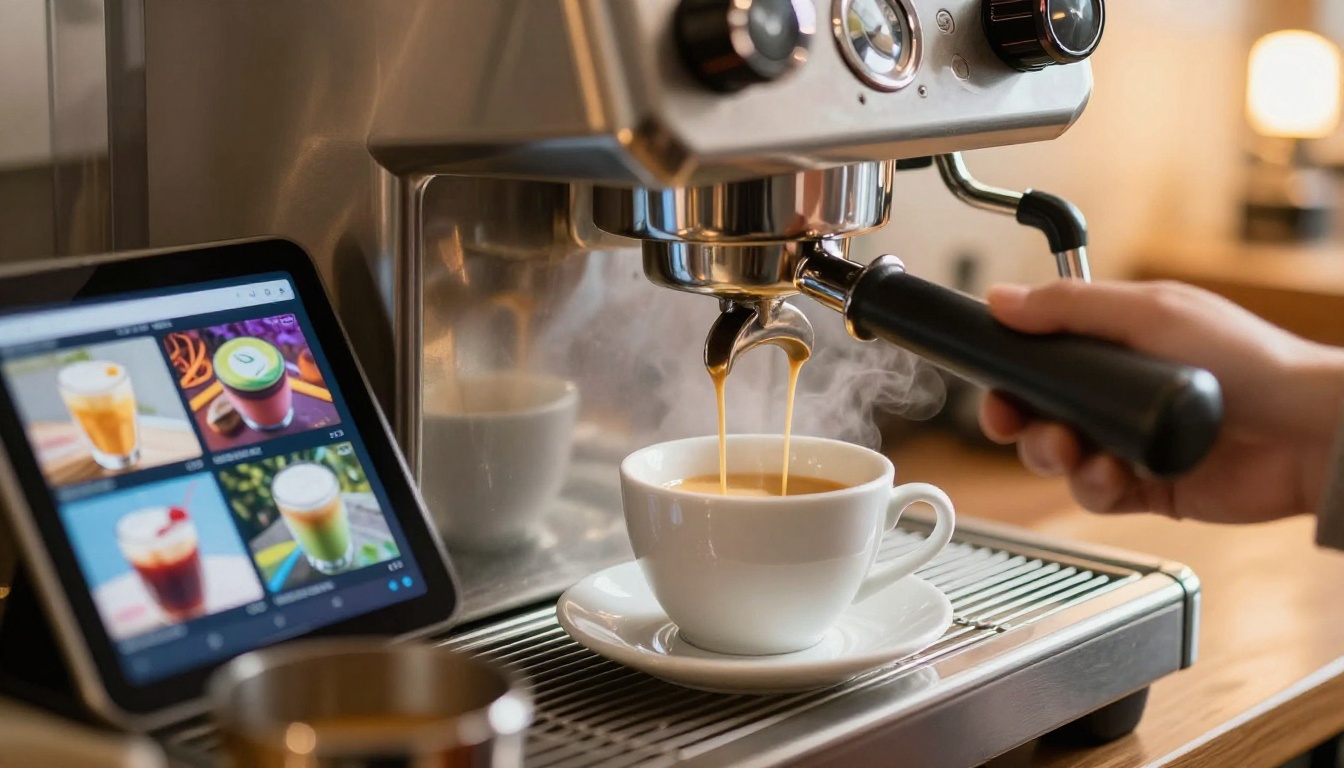 Espresso machine pulling shot with digital menu tablet visible on counter