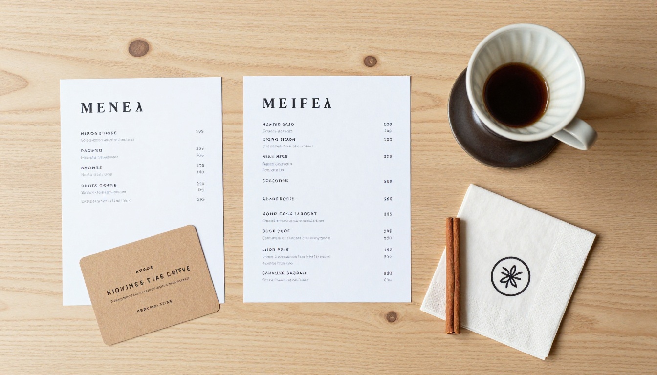 Coffee shop branding flat lay with menu cards and pour-over coffee setup