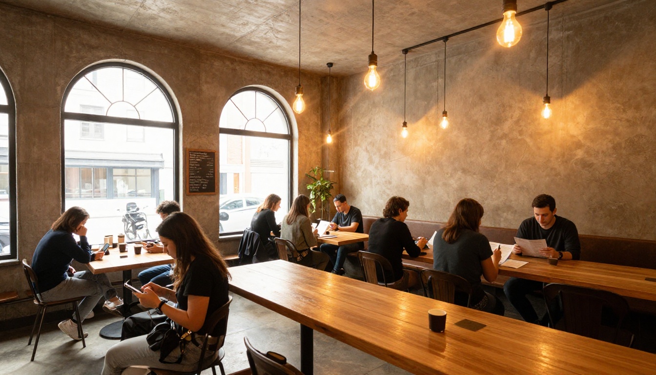 Modern coffee shop interior with communal tables and customers browsing menus