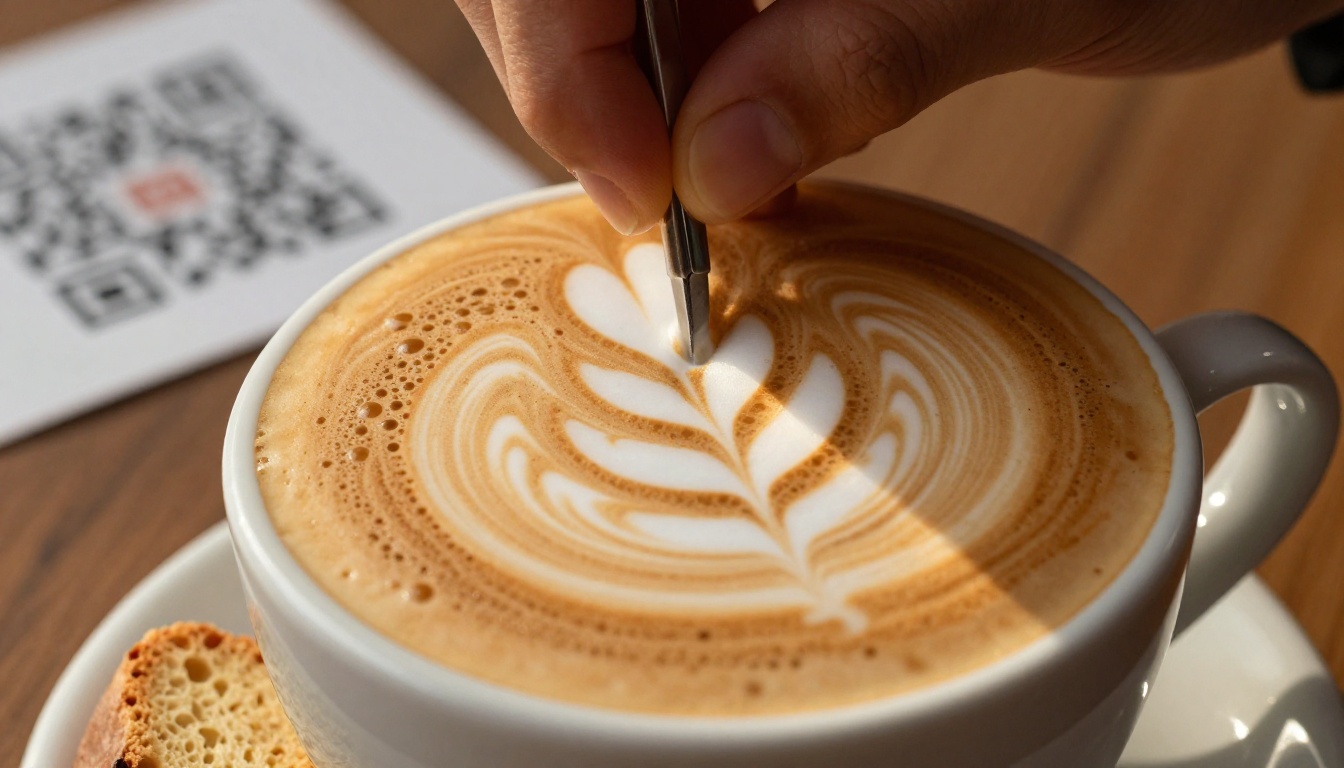 Barista creating latte art rosetta with blurred QR code menu in background