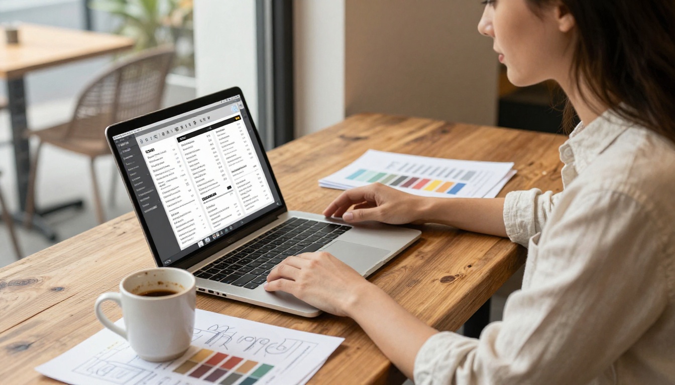 Coffee shop owner designing menu on laptop with printed color proofs on desk