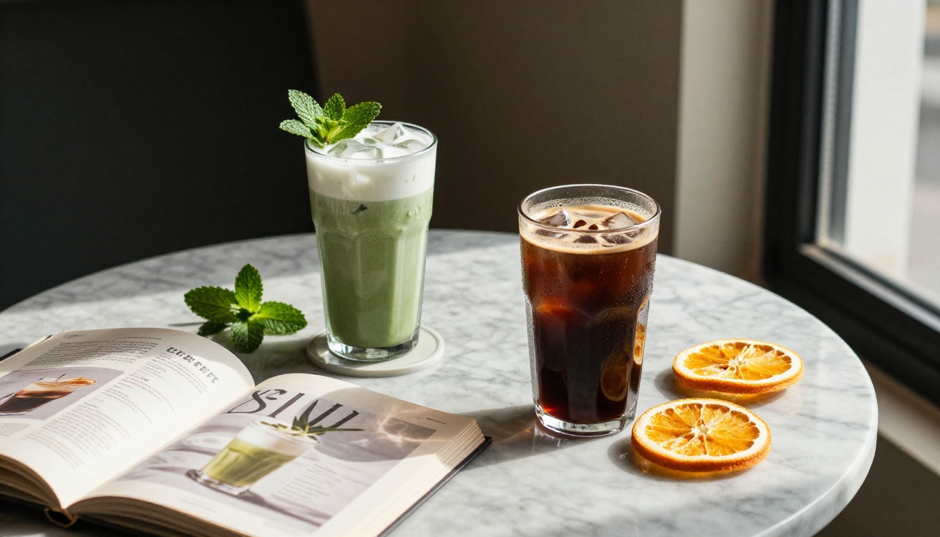 Seasonal drinks matcha latte espresso cold brew arranged with open menu booklet