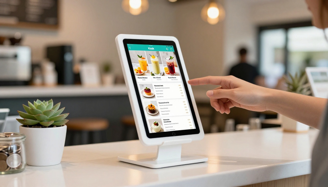 Tablet displaying bright digital menu at coffee shop counter with barista in background
