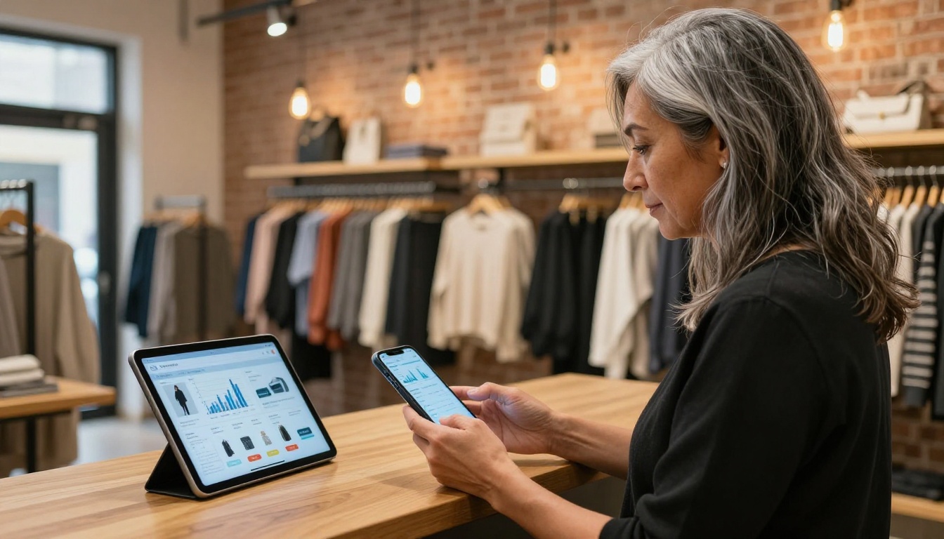 Boutique store owner checking sales data on smartphone with shoppable flipbook catalog on tablet