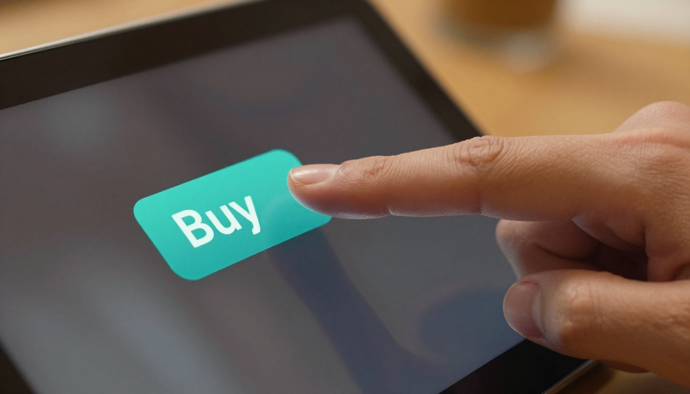 Close-up of a finger about to tap a buy button on a tablet screen