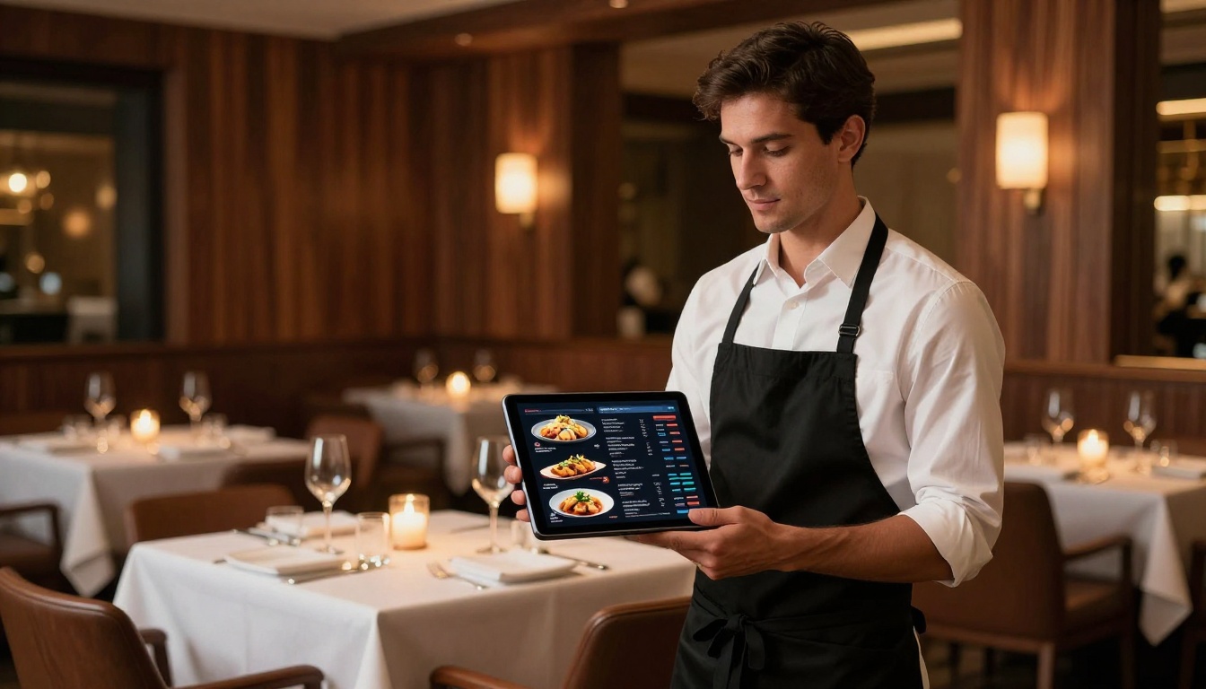 Restaurant waiter holding tablet displaying digital menu flipbook with order buttons