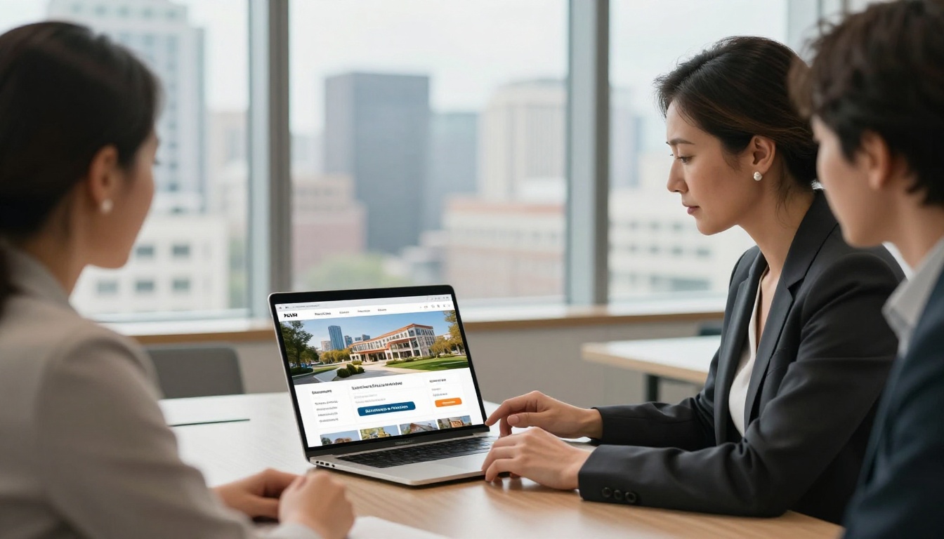 Real estate agent presenting a digital property brochure flipbook to a couple on a laptop