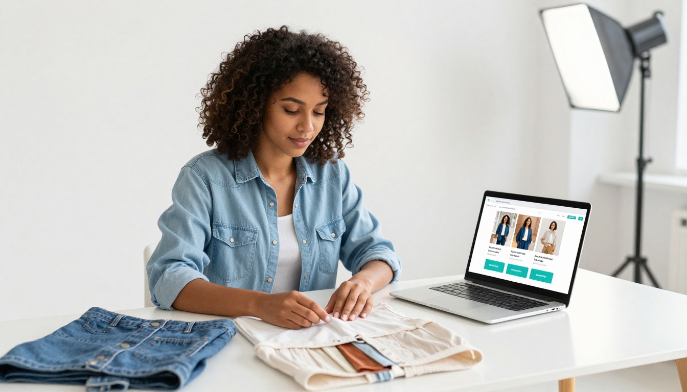 Young entrepreneur photographing clothing with ecommerce flipbook catalog open on laptop nearby