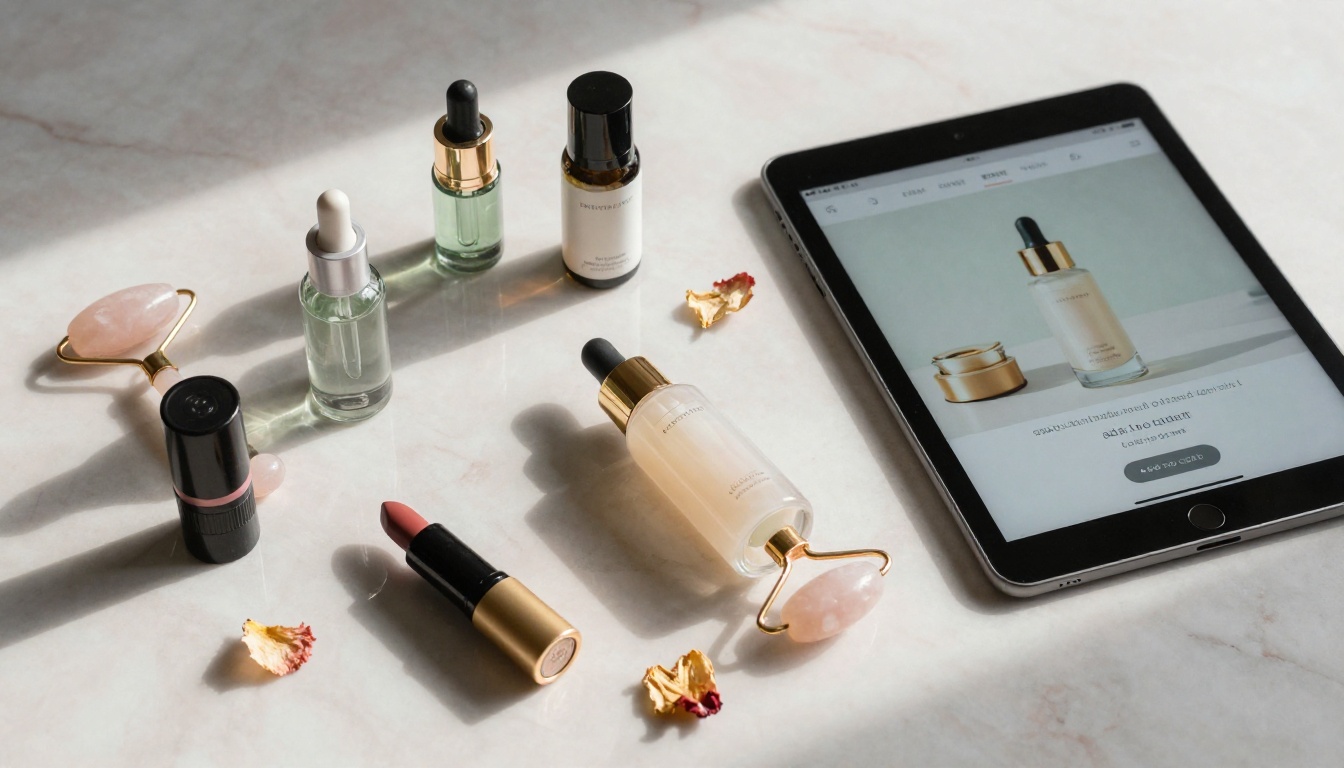 Luxury cosmetics flat lay on marble with beauty flipbook catalog open on tablet