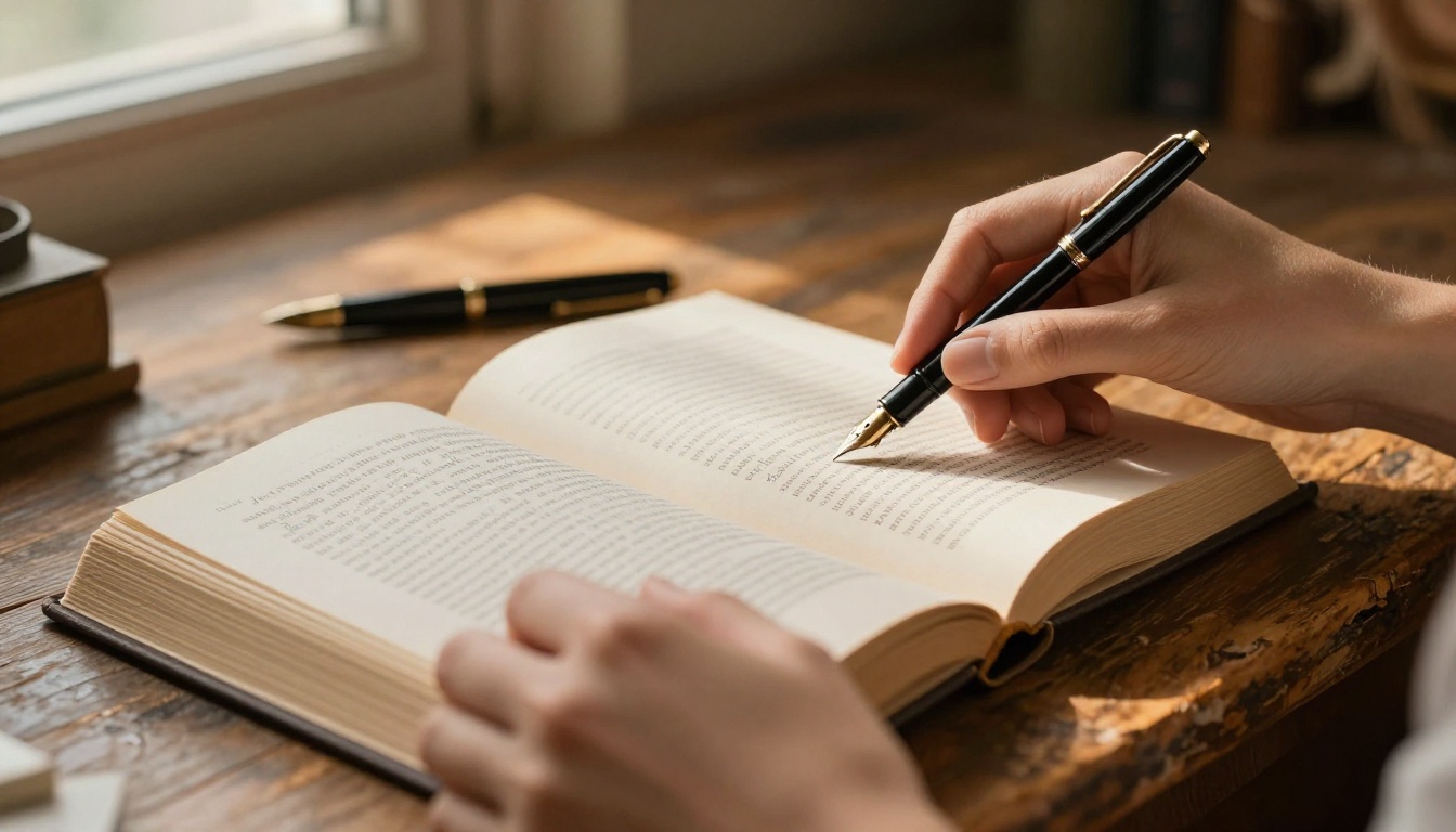 Hands turning a book page on a rustic oak desk with warm amber side lighting Hands turning a book page on a rustic oak desk with warm amber side lighting