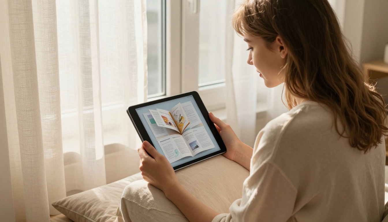 Young woman reading a digital flipbook on a tablet by a sunlit window Young woman reading a digital flipbook on a tablet by a sunlit window