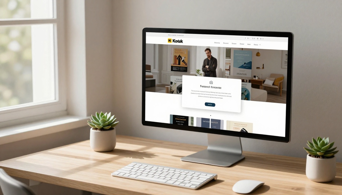 Author website displayed on a large monitor in a clean minimalist home office Author website displayed on a large monitor in a clean minimalist home office
