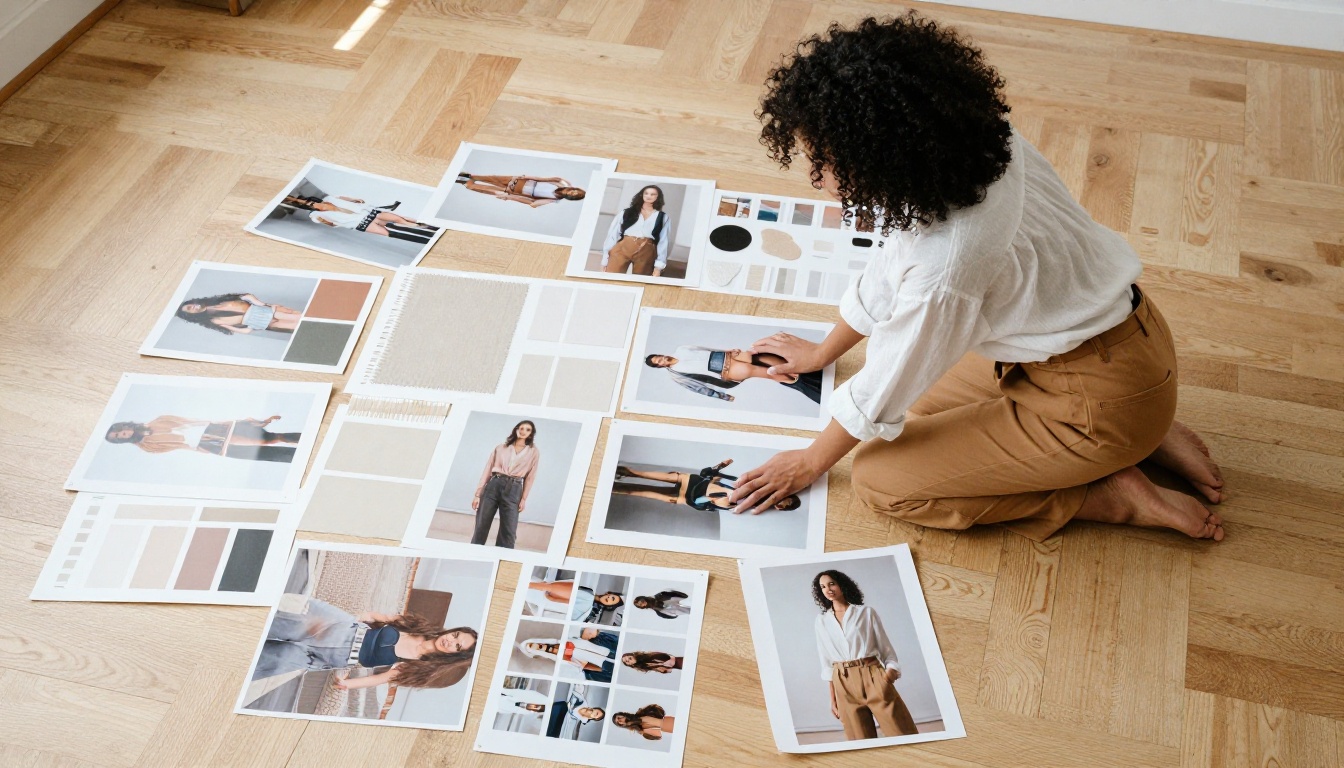 Fashion brand designer laying out printed lookbook pages on a bleached oak hardwood floor, surrounded by editorial photos and color swatches