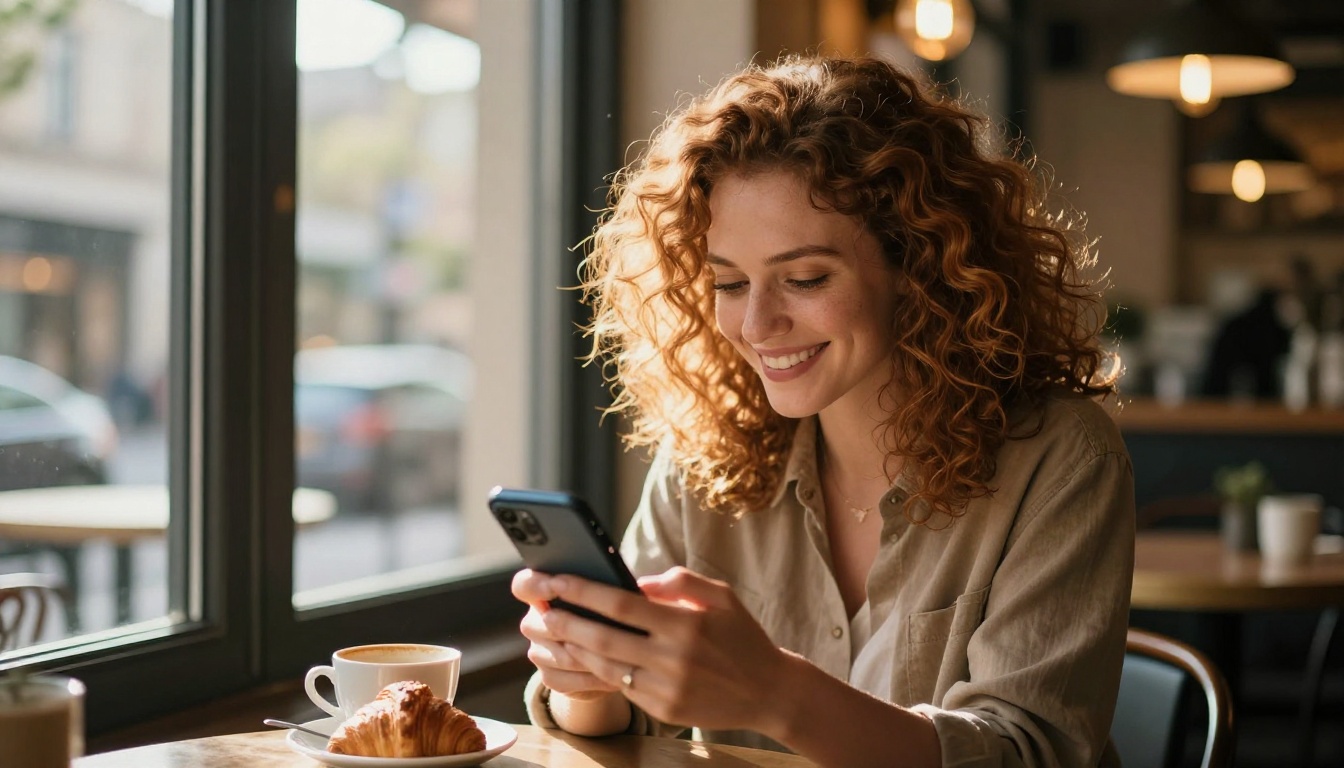 Woman smiling at a smartphone in a cozy cafe with warm Edison ambient lighting Woman smiling at a smartphone in a cozy cafe with warm Edison ambient lighting
