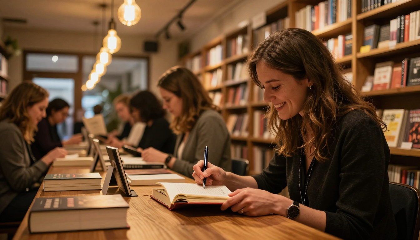 Professional female author signing book copies at a warm intimate bookshop event