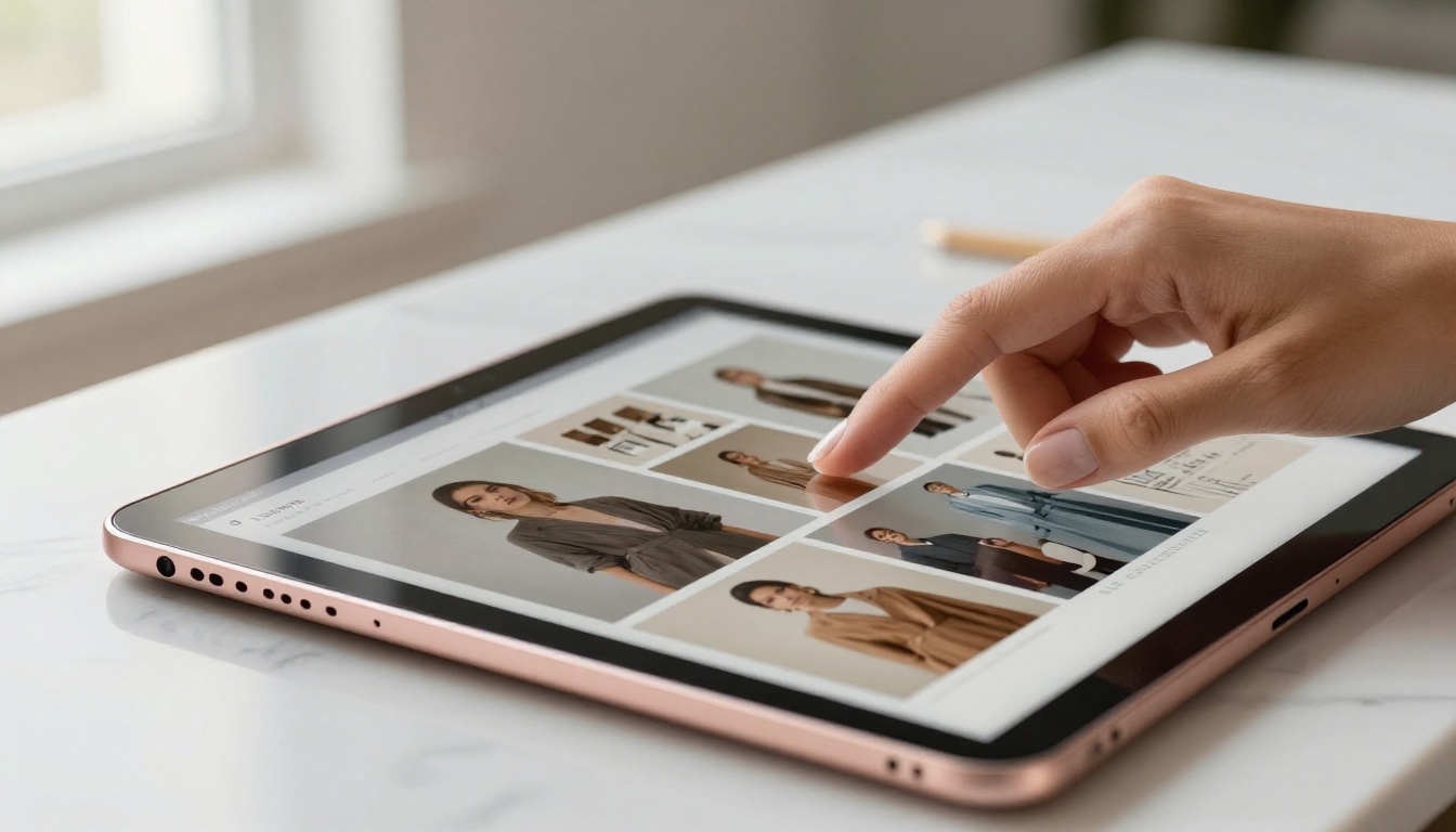 Elegant hands scrolling through a digital lookbook on a rose gold iPad resting on a white marble surface