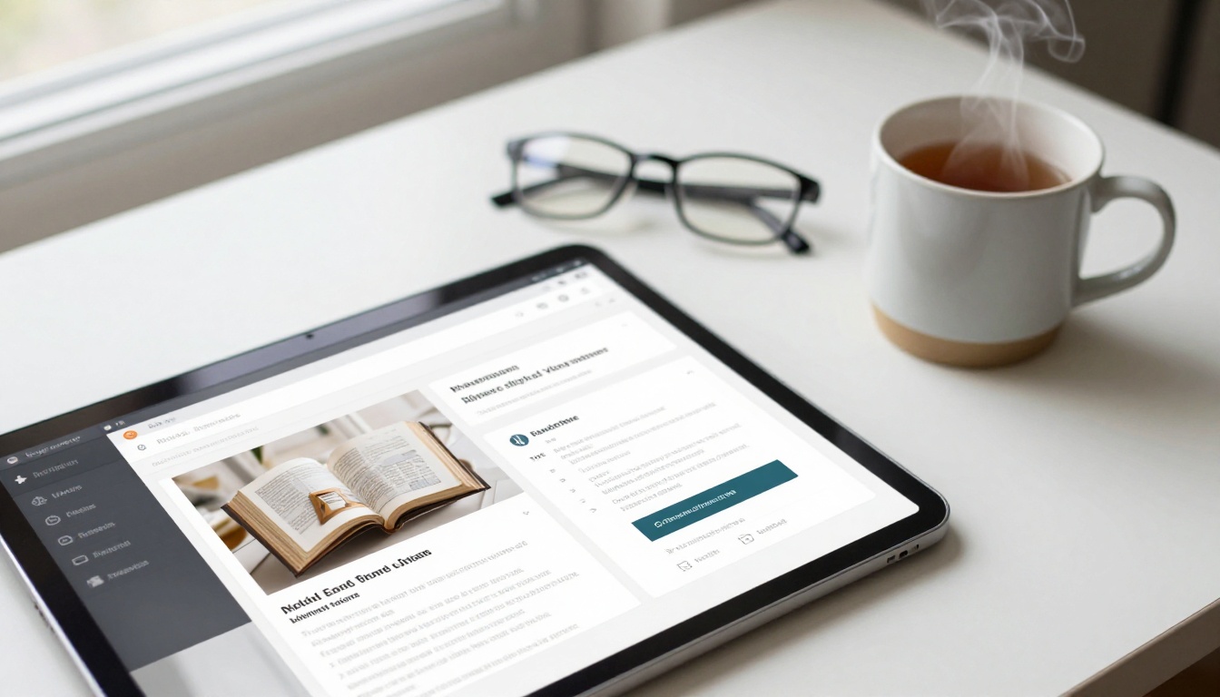 Open laptop showing a newsletter with an embedded flipbook on a white desk with tea and reading glasses