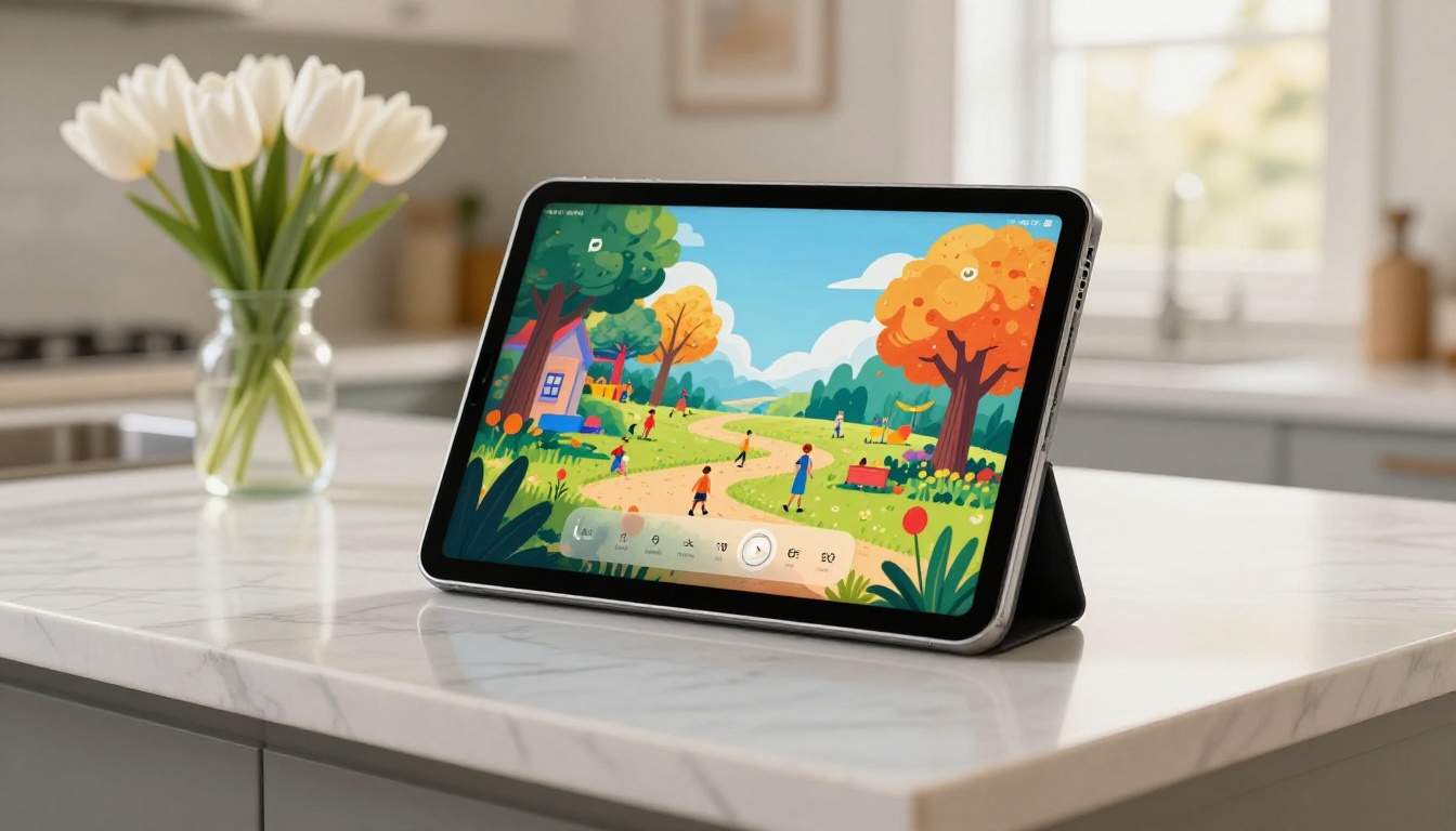 Sleek tablet displaying a colorful interactive ebook on a marble kitchen island beside white tulips