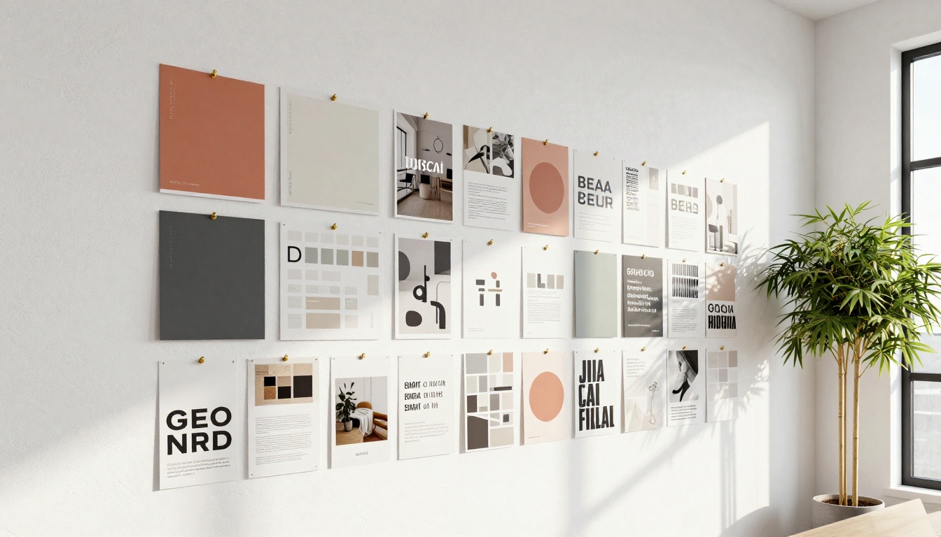 Brand mood board with editorial photos, color swatches, and typography samples pinned on a white plaster wall in a creative studio