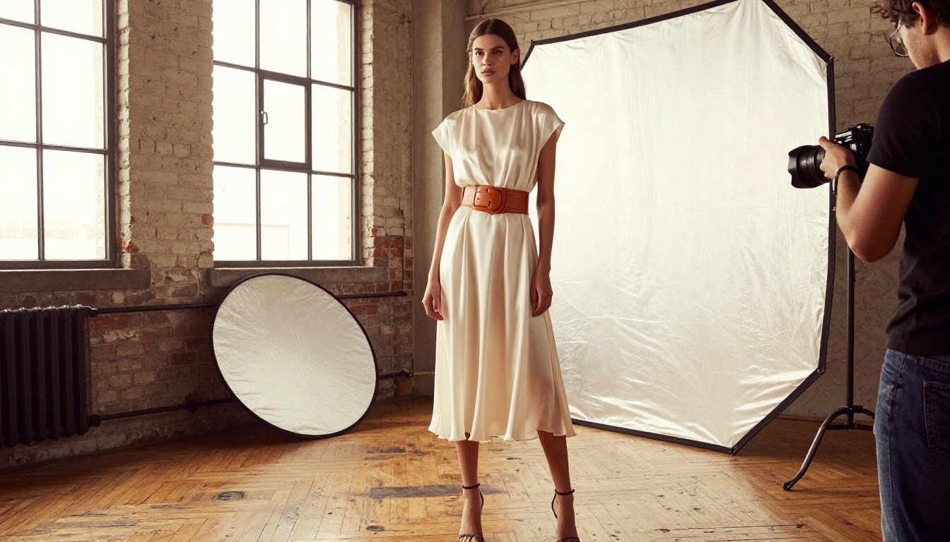 Fashion lookbook editorial photoshoot inside a sunlit industrial loft studio, model in ivory silk dress under directional morning light