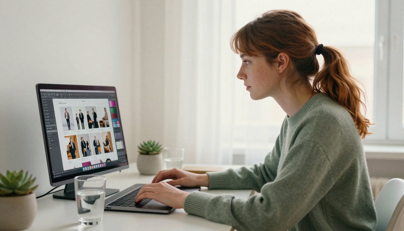 Brand strategist working on a MacBook at a white standing desk, building a digital lookbook with a lookbook editor interface visible on screen