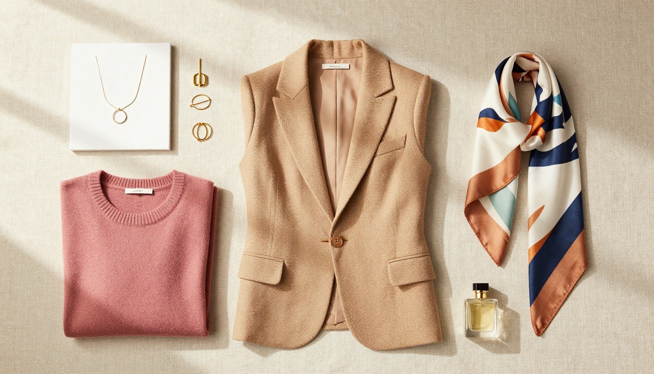 Luxury fashion brand flat lay with cashmere knit, camel blazer, silk scarf, and gold jewelry on ivory linen