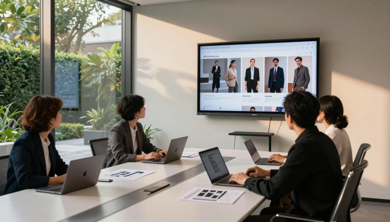 Creative team presenting a digital lookbook on a large wall-mounted screen in a modern conference room with floor-to-ceiling windows