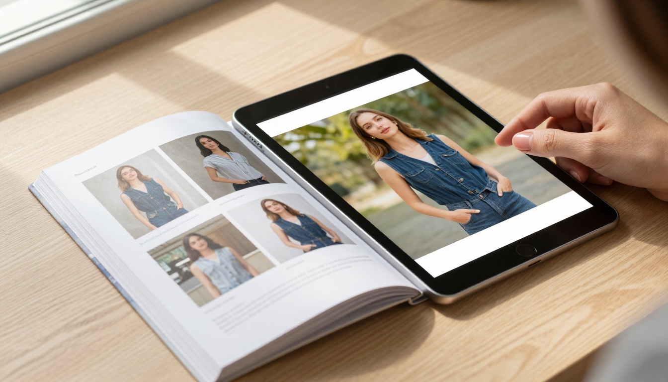 Close-up side-by-side of a printed lookbook and an iPad showing the digital version on a natural oak table, warm morning light from the left
