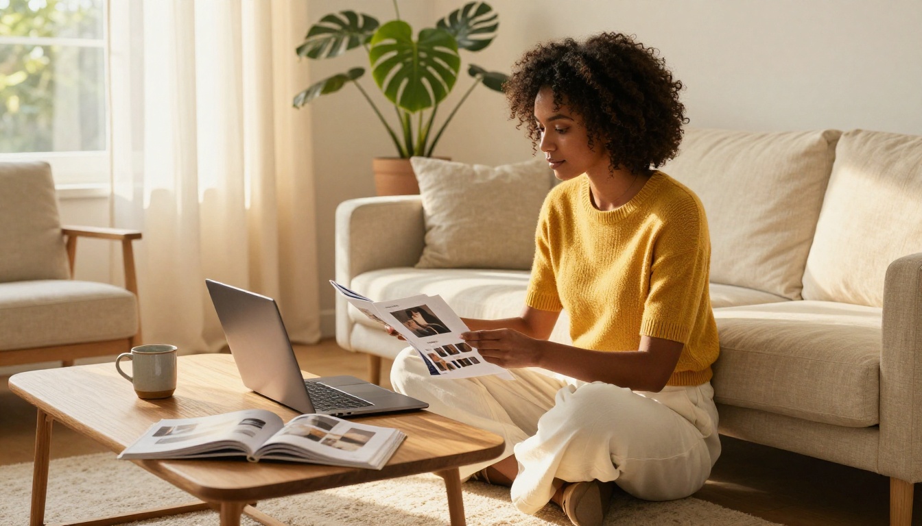 Brand designer reviewing a digital lookbook on a laptop while sitting cross-legged on a cream linen sofa in a bright Scandinavian room