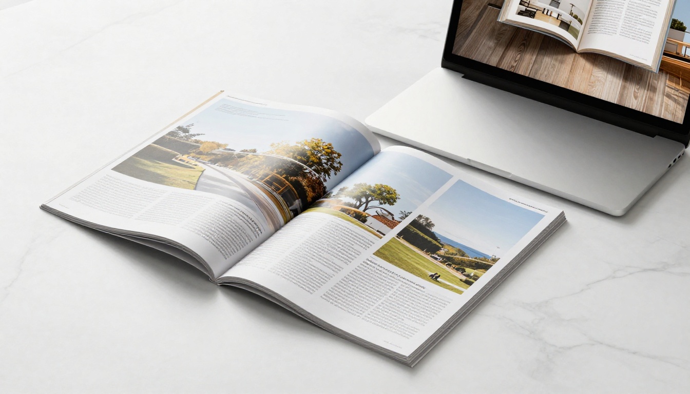 Magazine and laptop showing digital flipbook side by side on marble desk